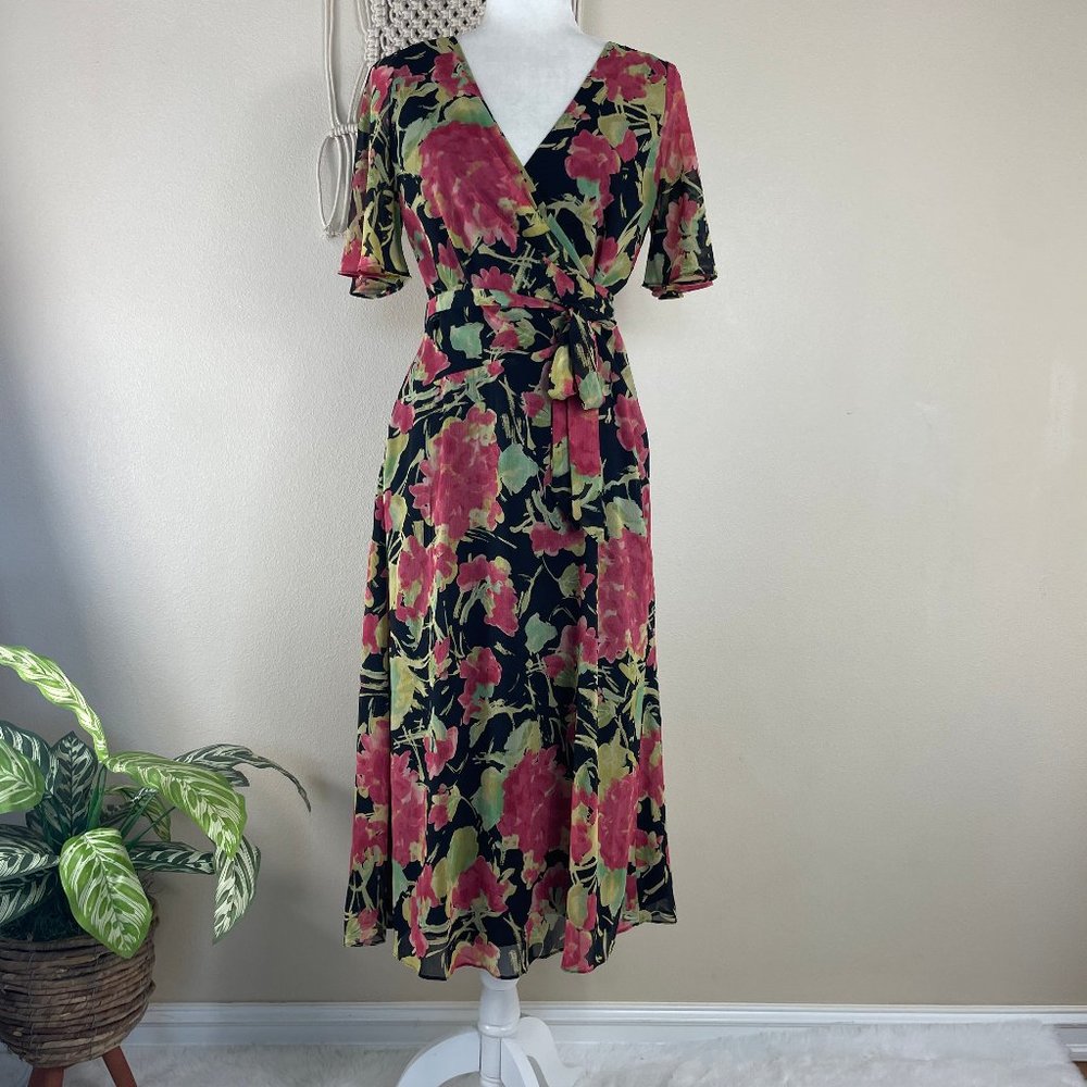 NWT Ralph Lauren black floral crepe flutter sleeve midi midaxi wrap dress Size 0